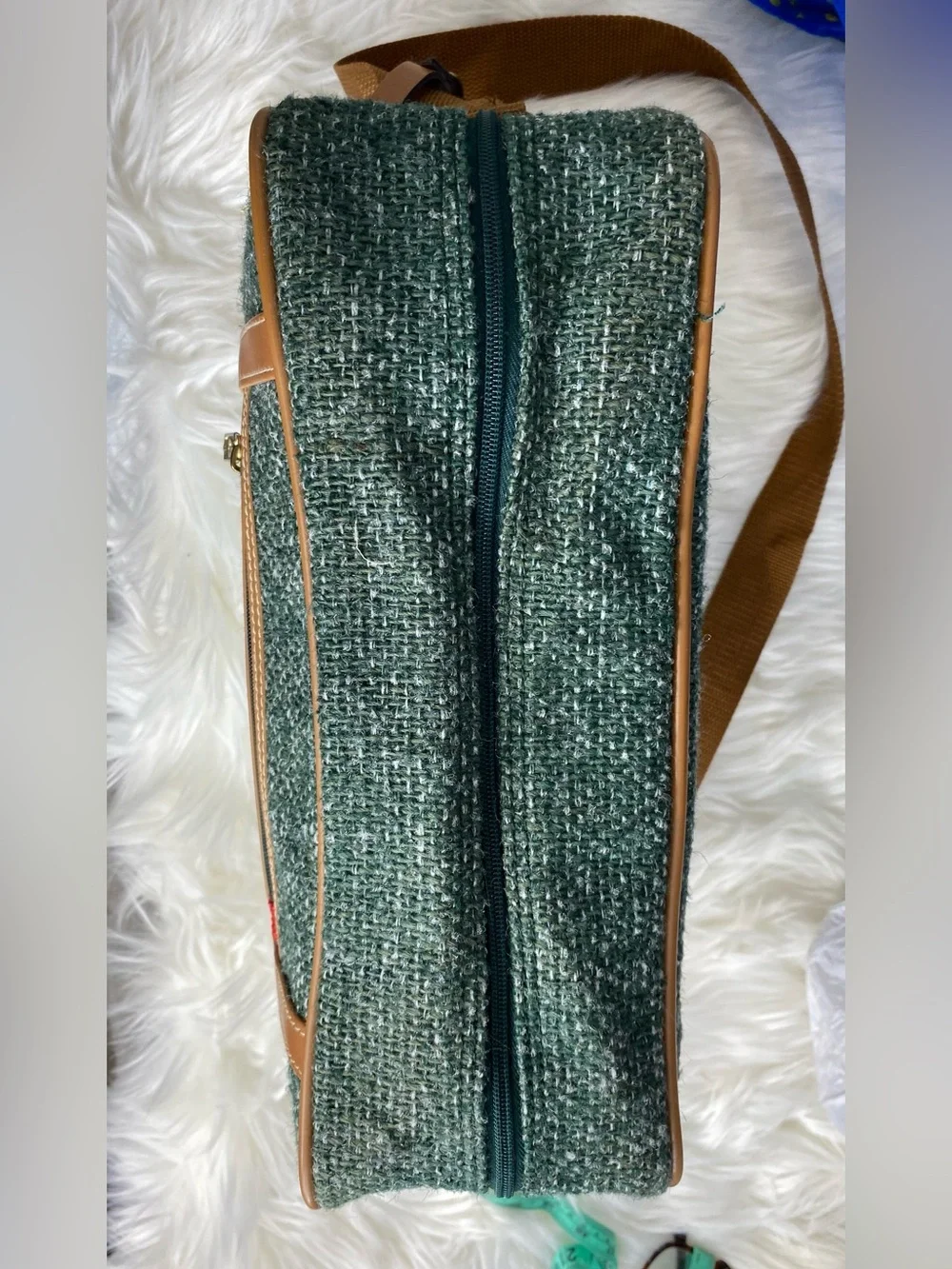 Oscar de la Renta Green Tweed Messenger with Tan Trim and Gold Hardware